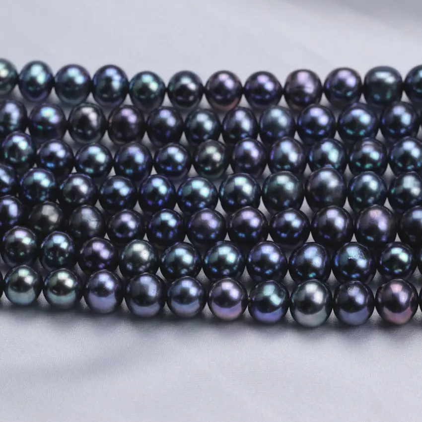 9-10mm wholesale off round peacock black color cultured freshwater perle pearls strands in bulk