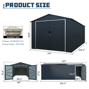 Caseta de Almacenamiento Exterior de Acero Galvanizado, Cobertizo de Jardín Metálico con Recubrimiento en Polvo, Doble Puerta, Refugio para Herramientas de Patio Trasero - Product Image 2