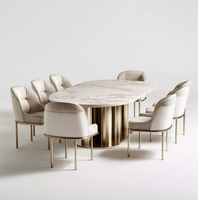 Table et chaises de salle à manger en rotin naturel OE HOME, style moderne et luxueux, plateau en marbre, 6/8 places, en pierre frittée