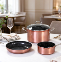 Ensemble de 3 casseroles en granit rose doré antiadhésives, en aluminium, avec couvercles en verre et fond à induction