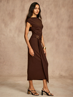 Robe Midi Élégante Marron pour Femme, Col Montant, Taille Froncée, Coupe Ajustée, Robe de Soirée Cocktail Moulante – Fabricant