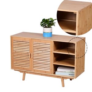 Mueble de TV minimalista de bambú color natural con puertas dobles tipo persiana para sala de estar y estudio - Product Image 4