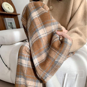 Pantalones de tartán Mujer Cintura alta Pierna ancha Mezcla de lana Pantalones drapeados Rectos Casual Otoño Invierno - Product Image 5