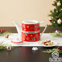 Théière en céramique rouge de Noël avec poignée et bec verseur blancs, motif festif houx et cloche, en porcelaine, pour la maison, cadeau de fêtes