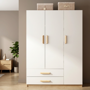 Modern <b>White</b> Wardrobe With Wooden Handles 2 <b>Drawers</b> Freestanding <b>Bedroom</b> Storage Cabinet Minimalist Design - Product Image 5