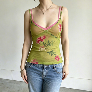 Cute Floral Sleeveless <b>Spaghetti</b> <b>Strap</b> Knitted Eco-Friendly Cami Top Two Piece Style Breathable Quick Dry Vacation Date - Product Image 3