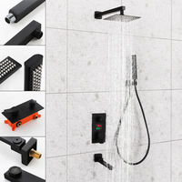 Ensemble de douche thermostatique moderne noir mat en laiton avec contrôle numérique de la température, trois fonctions, encastré pour villa