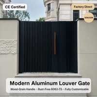 Portail piétonnier moderne en aluminium à persiennes, poignée effet bois, noir mat, sans rouille, 6063-T5, thermolaqué