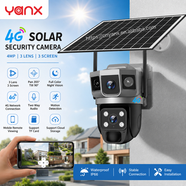 YANX 4G Sim Card IP WIFI CCTV Dual Lens 3 Screen PTZ Auto Tracking Security V380 Pro Solar Camera