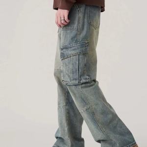 กางเกงยีนส์คาร์โก้ทรงตรงขากว้างสไตล์ลำลองสำหรับผู้ชาย สีซีดแบบไลท์วอช กระเป๋าใหญ่ สตรีทแวร์ ผ้าเดนิม สำหรับฤดูร้อนและฤดูใบไม้ร่วง สไตล์ฮิปฮอป - Product Image 4