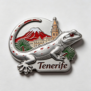 Imán de recuerdo personalizado de la Isla de Tenerife, Monte Teide, Volcán, en plata antigua, con lagarto 3D de metal, para nevera - Product Image 1