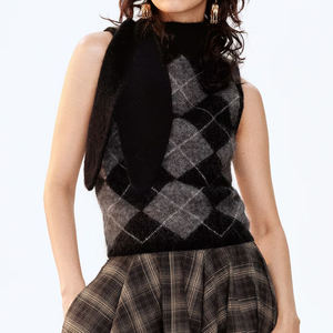 Wiserise مخصص تخفيضات كبيرة للنساء نمط أرجايل سترة متماسكة بلا أكمام مع وشاح التفاصيل ملابس الطبقات - Product Image 1