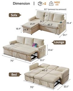 Canapé-lit d'angle en forme de L avec lit escamotable, dossier inclinable et chaise longue de rangement réversible - Product Image 3
