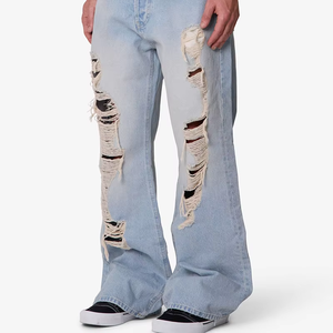 Custom 13 oz 100% Cotton Casual Mid Waist Spring Autumn Woven Baggy Pants Wide Flared Leg Distressed Flare Mens <b>Denim</b> Jeans - Product Image 2