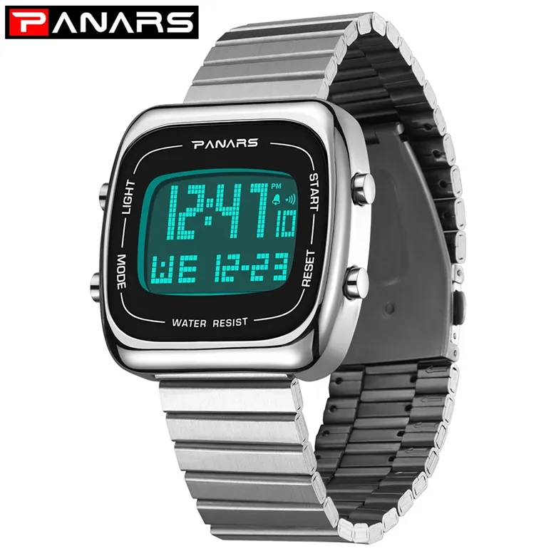 PANARS Sports Digital Watches Men Business Square Retro Waterproof Count Down Timer Digital Stopwatch Clock Watch