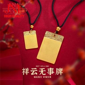 Liontin Keberuntungan Xiangyun Emas dengan Tali Hitam, Kalung Pria dan Wanita, Liontin Persegi Panjang Elegan, Perhiasan Tembaga - Product Image 5