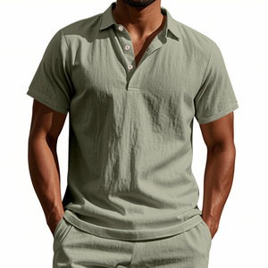 Polo en lin pour homme transfrontalier, manches courtes, couleur unie, respirant, coupe décontractée, style britannique, blanc, bleu marine - Product Image 4