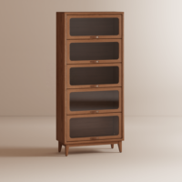 Bibliothèque à 5 niveaux en bois massif avec portes battantes en verre trempé, bois naturel brun, autoportante, robuste, SG010 (Stock US)