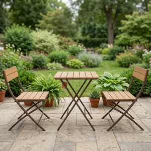 Modern Outdoor <b>Garden</b> Set with Wooden Tops and Steel Frame <b>Foldable</b> <b>Table</b> and 2 Chairs for Patio Use - Product Image 4
