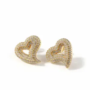 Großhandel Luxus Modeschmuck Hip Pop übertrieben Zirkon hohlen Herz Ohrring vergoldet Diamond Iced Out Herz Ohrring