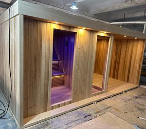 Sauna compact moderne en cèdre rouge pour intérieur avec poêle à bois et verre, capacité 4 personnes, sauna compact en cèdre pour extérieur avec poêle à bois - Product Image 3