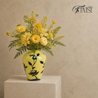 Vase à fleurs en céramique jaune peint à la main, décoration d'intérieur, accent décoratif, vase oriental pour centre de table, décoration d'étagère de salon