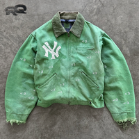 Veste polaire vintage délavée et vieillie pour homme, coupe oversize, imprimée avec lettres en relief, col rabattable, fermeture éclair, service OEM