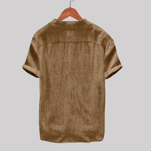 Venta al por mayor de <span class=keywords><strong>manga</strong></span> <span class=keywords><strong>corta</strong></span> de los hombres <span class=keywords><strong>Casual</strong></span> Camisa de lino y algodón soporte Anti-Shrink Plain Dyed verano transpirable ropa OEM servicio - Product Image 4