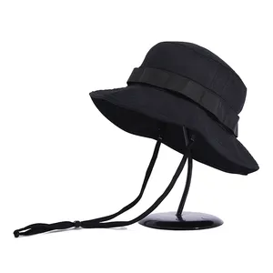 Chapeau de pêcheur noir de nouvelle marque, protection uv unisexe hommes femmes coupe-vent boonie bob chapeau d'extérieur avec ficelle