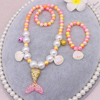 2/5pcs Ensembles de bijoux pour filles Collier de perles sirène Bracelet Anneau Boucle d'oreille Ensemble de jouets pour enfants Princesse Accessoires de mode fille