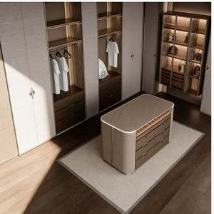 Custom Modern Minimalist <b>Corner</b> Walk in Wardrobe With Light Wood <b>Cabinet</b> Storage Island and Organized Zones - Product Image 4