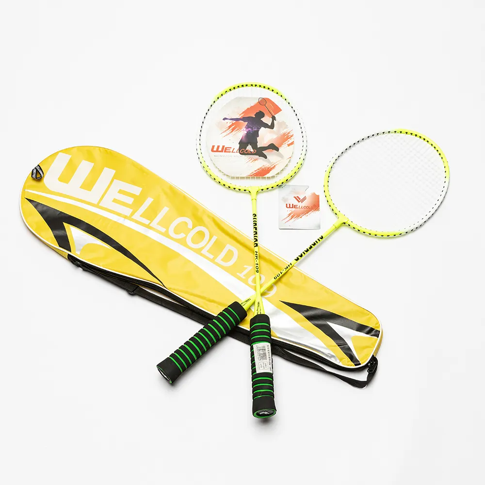 Raquete de badminton com eixo de liga de aço, preço de fábrica, raquete de transporte com bola de 14 libras, 2 pacotes por conjunto