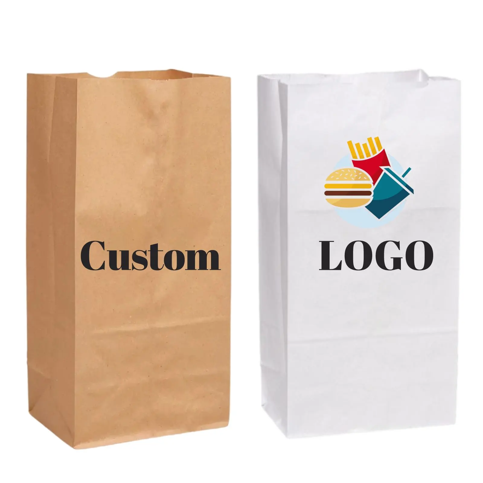 Custom Design Logo Grease proof Baking Barbecue Bread Snack Food Takeout Takeaway Packaging Square Bottom White Kraft Paper Bag