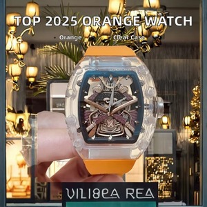 Montre mécanique de luxe 2025 la plus vendue, avec boîtier en céramique transparente de haute qualité, bracelet en caoutchouc orange et cadran en cristal saphir - Product Image 1
