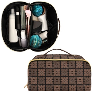 Hawaiian Custom Brown Quilted Floral Beauty Makeup Pouch Stylish Hand Travel Portable Lipstick <b>Storage</b> Cosmetic Bag for Women - Product Image 2