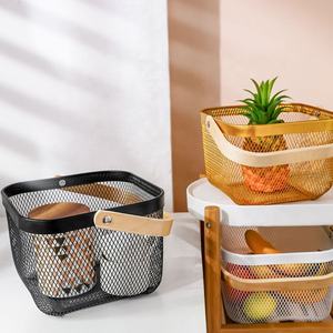 Omhxwx — panier à fruits original avec poignée en bois, panier de légumes plaqué or, maille en métal noir, fil de rangement de cuisine - Product Image 4