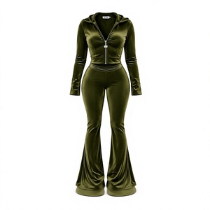 Custom Women Velvet <b>Tracksuit</b> Set 2 Piece Slim Fit Zip Up Hoodie and Flared Pants Luxury <b>Velour</b> Matching Outfit Manufacturer - Product Image 3