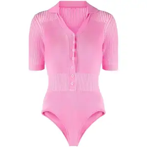 OUTENG Viscose Polyester Women Polo Bodysuit Summer Fuchsia Ribbed V Neck Ladies Knitted Body Suits