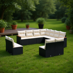 Ensemble de canapés de jardin en rotin moderne noir et crème, mobilier d'extérieur résistant aux UV, rotin PE, coussins en mousse haute densité, contemporain - Product Image 2