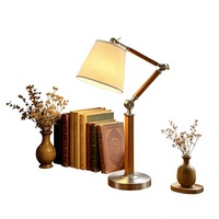 Lampe de table vintage à bras articulé en bois massif, abat-jour en tissu, lampe de chevet réglable pour bureau et chambre à coucher