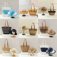 Ensemble 2 pièces pour femme : Sac cabas en paille tressée et chapeau de soleil en paille, sac de plage à bandoulière grande capacité à rayures