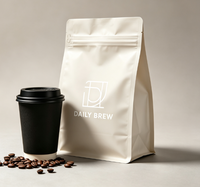 Sachet de café à fond plat avec logo personnalisé, valve et fermeture éclair, idéal pour l'emballage de grains de café torréfiés, café moulu, qualité alimentaire VMPET