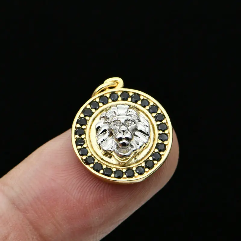 New Design 3D Lion Head With Black CZ Stone Setting Round Shape Copper Brass Pendant For Fashion Women Necklace Making