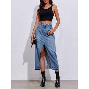 Falda Larga Vaquera Fisoew para Mujer, Cintura Alta, Corte Lápiz con Abertura, Estilo Urbano - Product Image 5