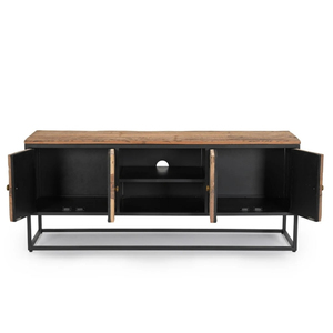 Industrial Style Wagon Wood TV Cabinet Natural Wooden Finish with <b>Black</b> Powder Coated Mild Steel Frame Media <b>Console</b> Storage - Product Image 1