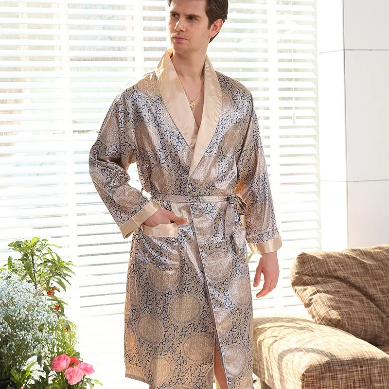 Camisola e bermuda de seda masculina, peça duas peças, robe masculino manga comprida