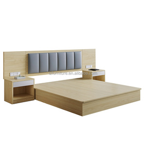 Modern Hotel Twin <b>Platform</b> <b>Bed</b> Set MDF Wood Base <b>Bed</b> <b>Frame</b> with Integrated High Headboard & Central Nightstand for 3 Star Hotels - Product Image 4