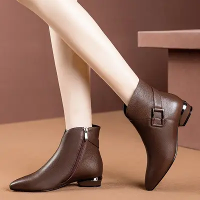 2025 automne et hiver chaud mode nouvelles bottes courtes femmes bout pointu plus velours talon bas tube court dames bottes