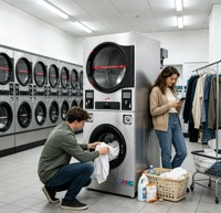 Laveuse-sécheuse commerciale à monnayeur, type empilable, pour usage professionnel en blanchisserie