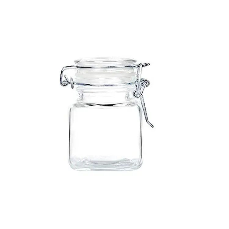 フレンチスクエア4オンスの小さなガラス瓶、スパイス調味料用の気密ヒンジ付き蓋付きハーブ調味料アートクラフト収納
